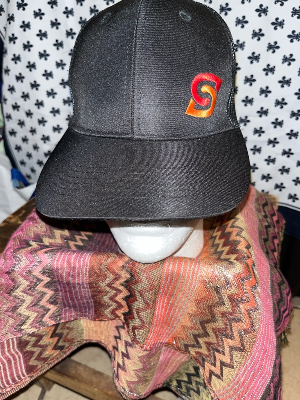 Black Baseball Cap with Red & Orange Embroidered Logo